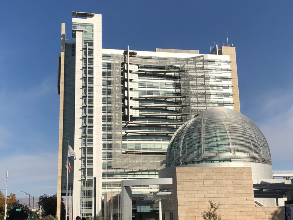 The exterior of San Jose City Hall on a sunny day.