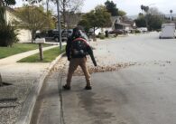 Một người sử dụng máy thổi lá trên đường phố ở San Jose, California