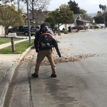 leaf blower A person using a leaf blower on a street in San Jose, California