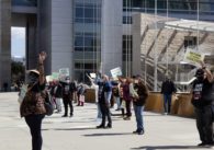 Joslin Morrison stands in front of other hospitality workers advocating for a Return Together law on March 16. Photo courtesy of Sarah McDermott.
