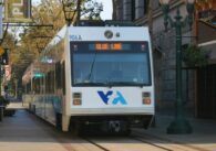 A light rail train in downtown San Jose