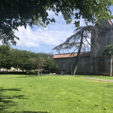 A grass field in front of a building on campus at San Jose State University