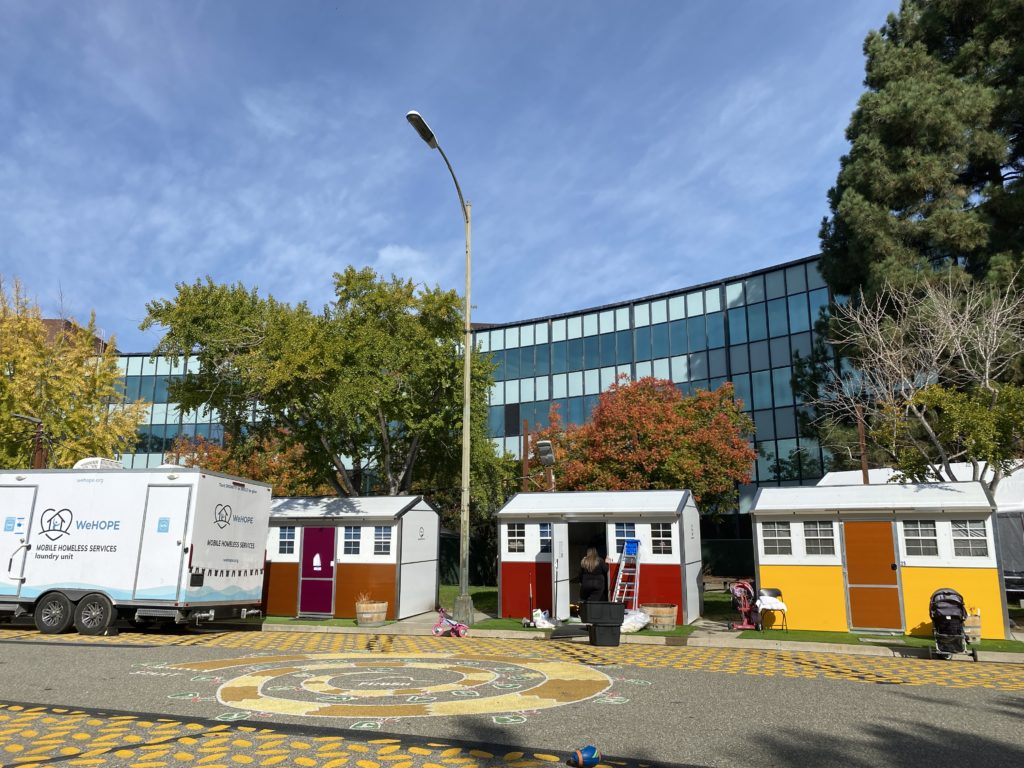 A row of tiny homes for homeless residents in San Jose
