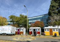 A row of tiny homes for homeless residents in San Jose