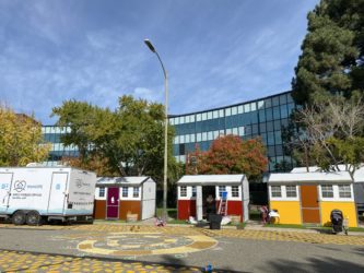A row of tiny homes for homeless residents in San Jose