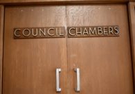 Doors to local government chambers in Santa Clara, California