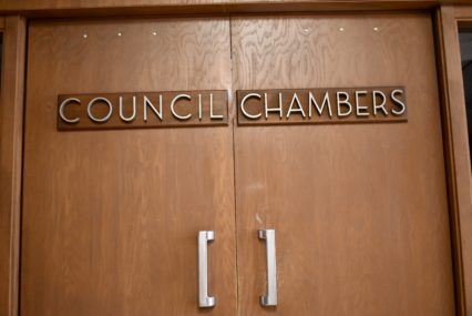 Doors to local government chambers in Santa Clara, California