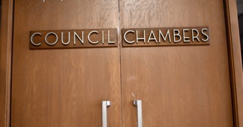 Doors to local government chambers in Santa Clara, California