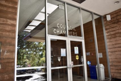 The doors to the council chambers at city hall in Santa Clara, California
