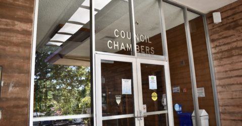 The doors to the council chambers at city hall in Santa Clara, California