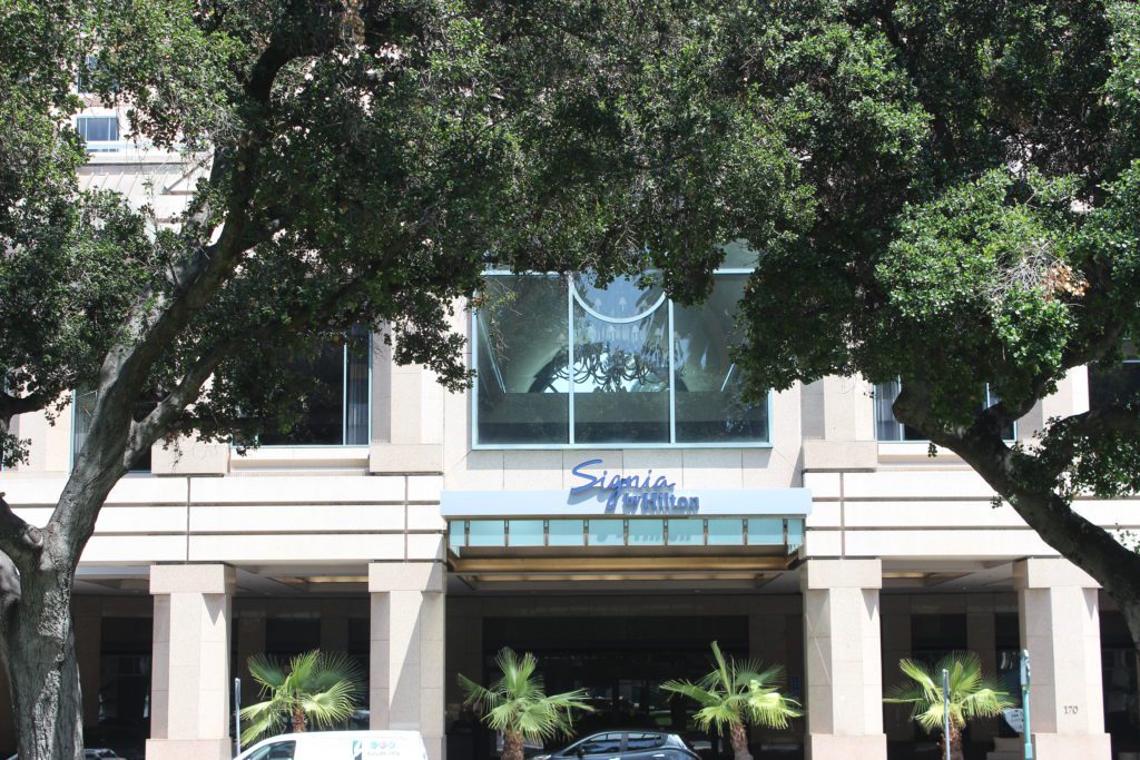 The exterior entrance to a hotel in downtown San Jose, California