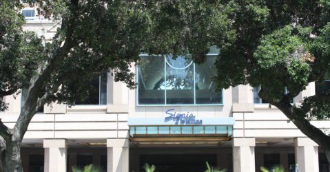 The exterior entrance to a hotel in downtown San Jose, California
