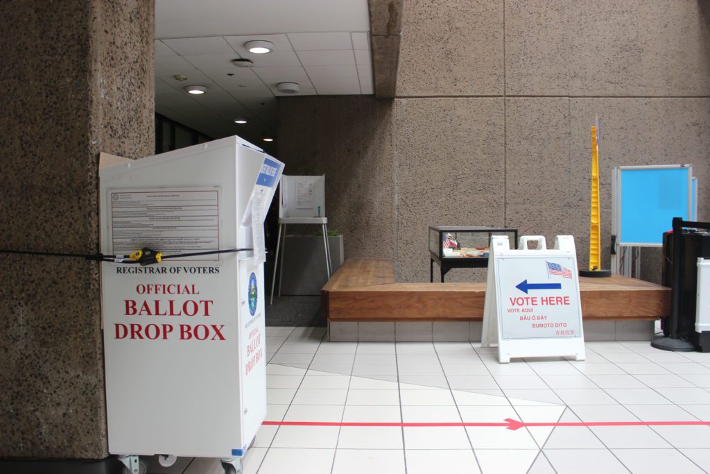 An election ballot drop box in Santa Clara County, California