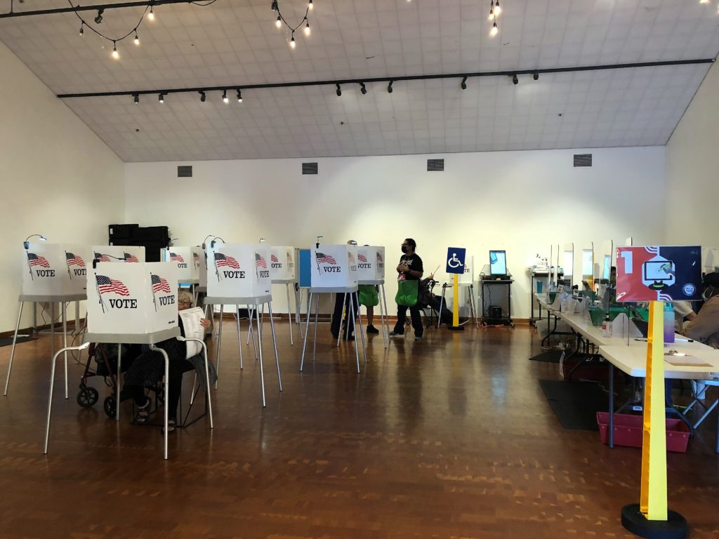 People standing at voting booths