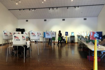 People standing at voting booths