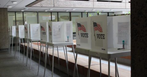 A row of voting booths at the Registrar of Voters in Santa Clara County, California