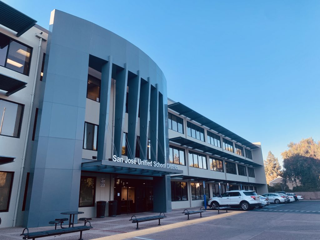 The exterior of a school district office building in San Jose, California