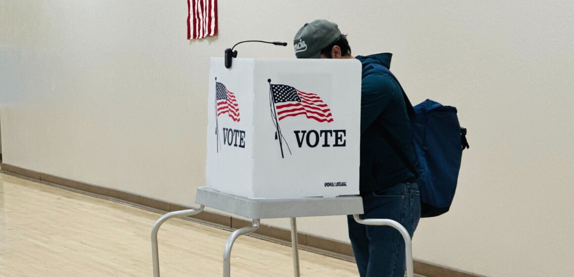 A person standing at a voting booth