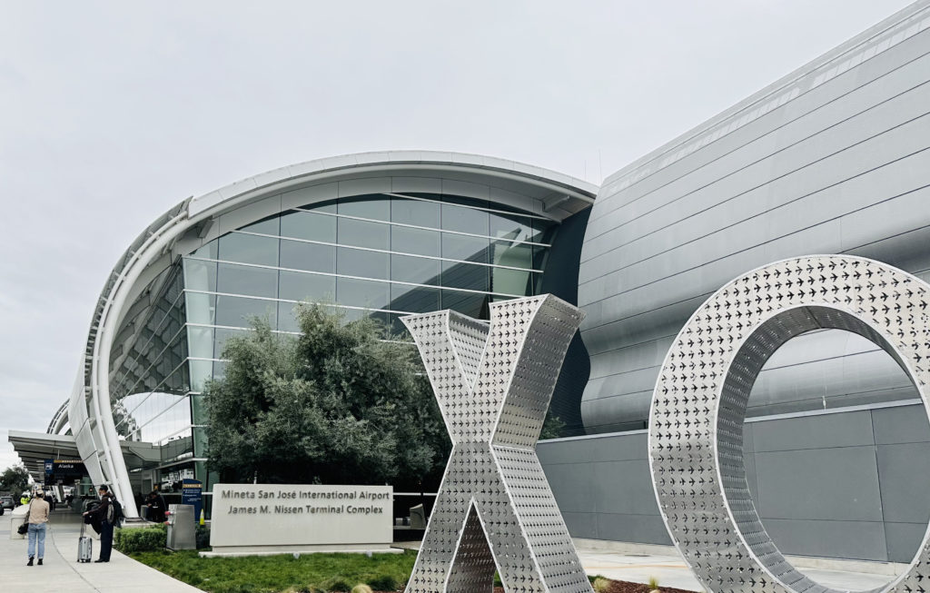 The exterior of an airport terminal in San Jose, California