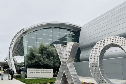 The exterior of an airport terminal in San Jose, California