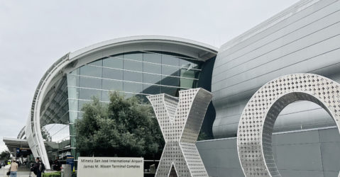 The exterior of an airport terminal in San Jose, California