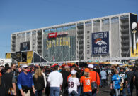 A crowd of people outside Levi's Stadium in Santa Clara during the 2016 Super Bowl.