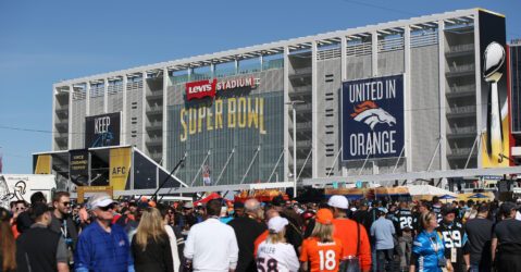A crowd of people outside Levi's Stadium in Santa Clara during the 2016 Super Bowl.