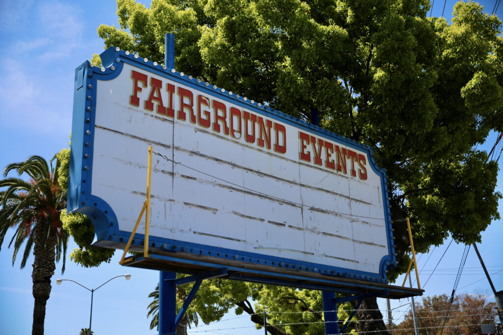 A sign at the county fairgrounds in San Jose, California