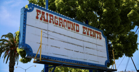 A sign at the county fairgrounds in San Jose, California