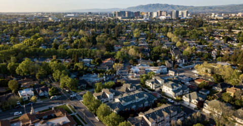 An aerial view of trees and houses in San Jose