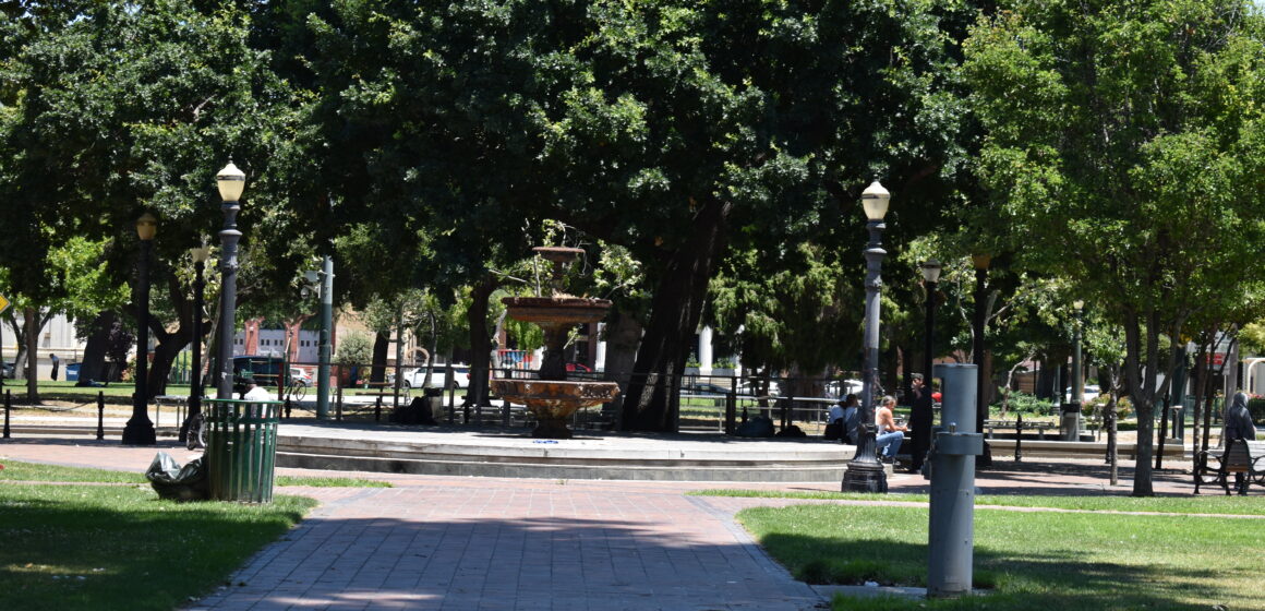 ST JAMES PARK REVAMP A path and fountain in St. James Park in San Jose, California