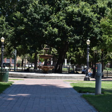 A path and fountain in St. James Park in San Jose, California