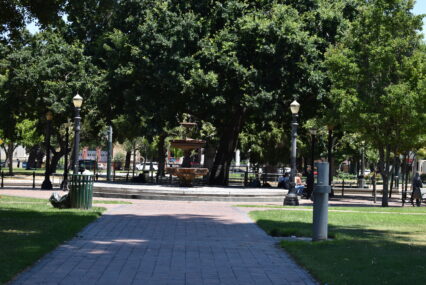 A path and fountain in St. James Park in San Jose, California