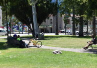 People sitting in a park in downtown San Jose