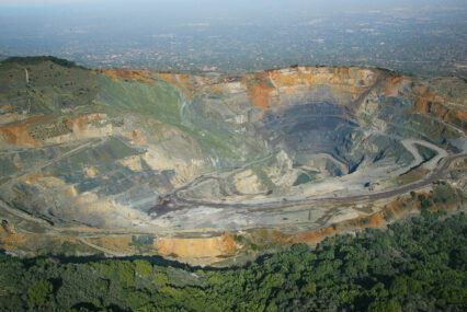 An aerial view of a cement plant quarry pit in Santa Clara County, California