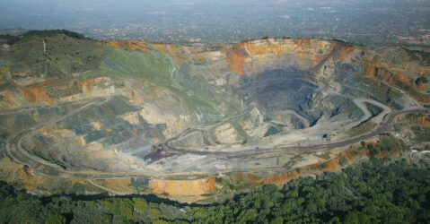An aerial view of a cement plant quarry pit in Santa Clara County, California