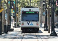 A VTA light rail train travels through downtown San Jose