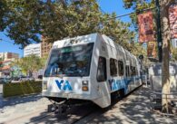 A light rail train in downtown San Jose