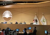 Sunnyvale Mayor Larry Klein and Councilmembers Russ Melton, Murali Srinivasan and Richard Mehlinger sitting behind the dais at city hall.