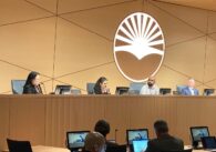 Sunnyvale City Councilmembers Linda Sell and Alysa Cisneros, Vice Mayor Omar Din and Mayor Larry Klein sit in the council chambers.