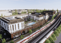 Conceptual rendering for the two proposed developments, showing a seven floor apartment and office complex right beside Caltrain train lines, with rendered trees and sidewalks.