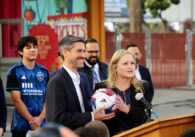 San Jose Mayor Matt Mahan and District 2 Santa Clara County Supervisor Cindy Chavez speak during a news conference at the Santa Clara County Fairgrounds on Dec. 6, 2023, unveiling a deal between the Earthquakes, the county and the city.