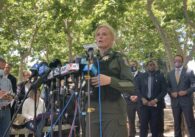 Santa Clara County Sheriff Laurie Smith speaks outside the county administrative building in San Jose in May 2021.