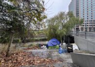 Flooded river by building.