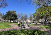 People stand in St. James Park in downtown San Jose