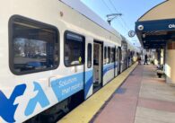 Passengers boarding VTA light rail train
