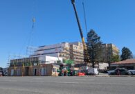 A six-story tall building under construction that will be 100% affordable housing that sits at 2350 S. Bascom Ave in San Jose along the city's border with Campbell.