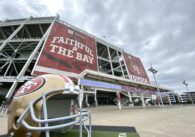 Jumbo San Francisco 49er's helmet outside Levi's Stadium Toyota Gate