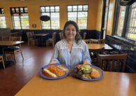 Veronica Meza with chile relleno and ribeye steak.