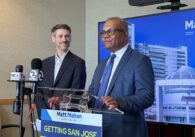 San Jose Mayor Matt Mahan and Independent Police Auditor Eddie Aubrey standing at a podium.